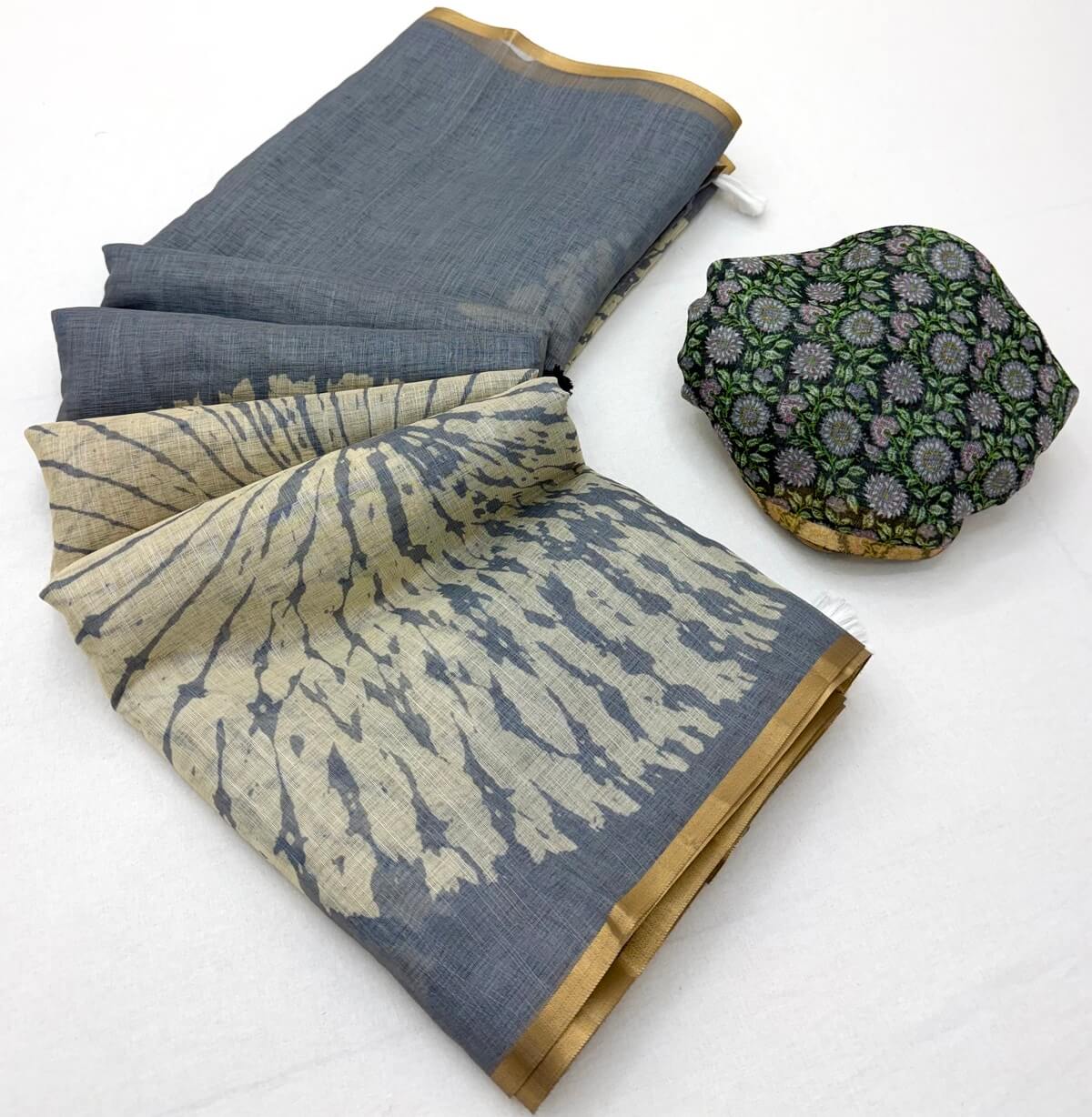 Marvellous Grey Printed Cotton Silk Saree With Elaborate Blouse Piece