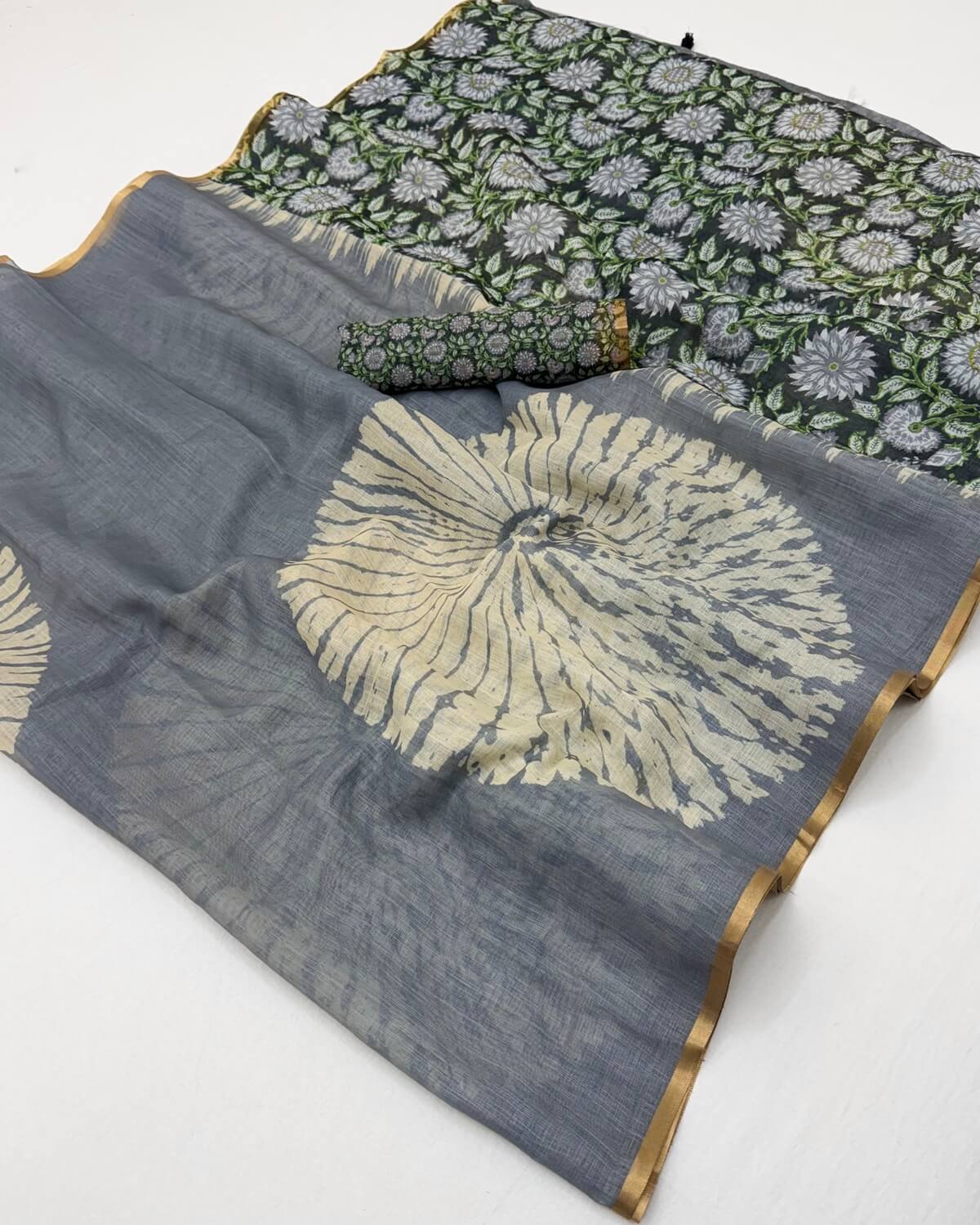 Marvellous Grey Printed Cotton Silk Saree With Elaborate Blouse Piece
