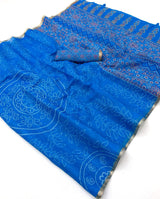 Ideal Royal Blue Printed Cotton Silk Saree With Murmurous Blouse Piece