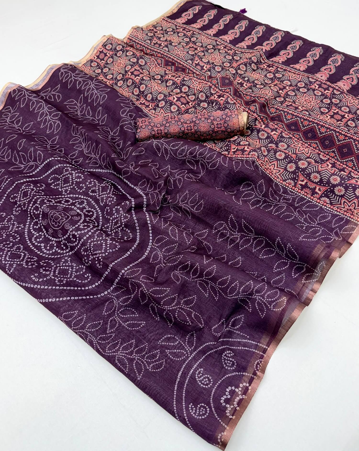 Epiphany Purple Printed Cotton Silk Saree With Fairytale Blouse Piece