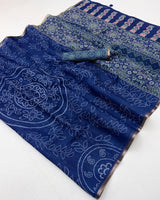 Dalliance Navy Blue Printed Cotton Silk Saree With Proficient Blouse Piece