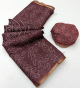 Glowing Brown Printed Cotton Silk Saree With Admirable Blouse Piece