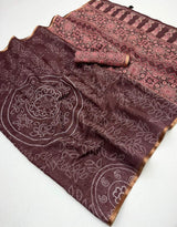 Glowing Brown Printed Cotton Silk Saree With Admirable Blouse Piece