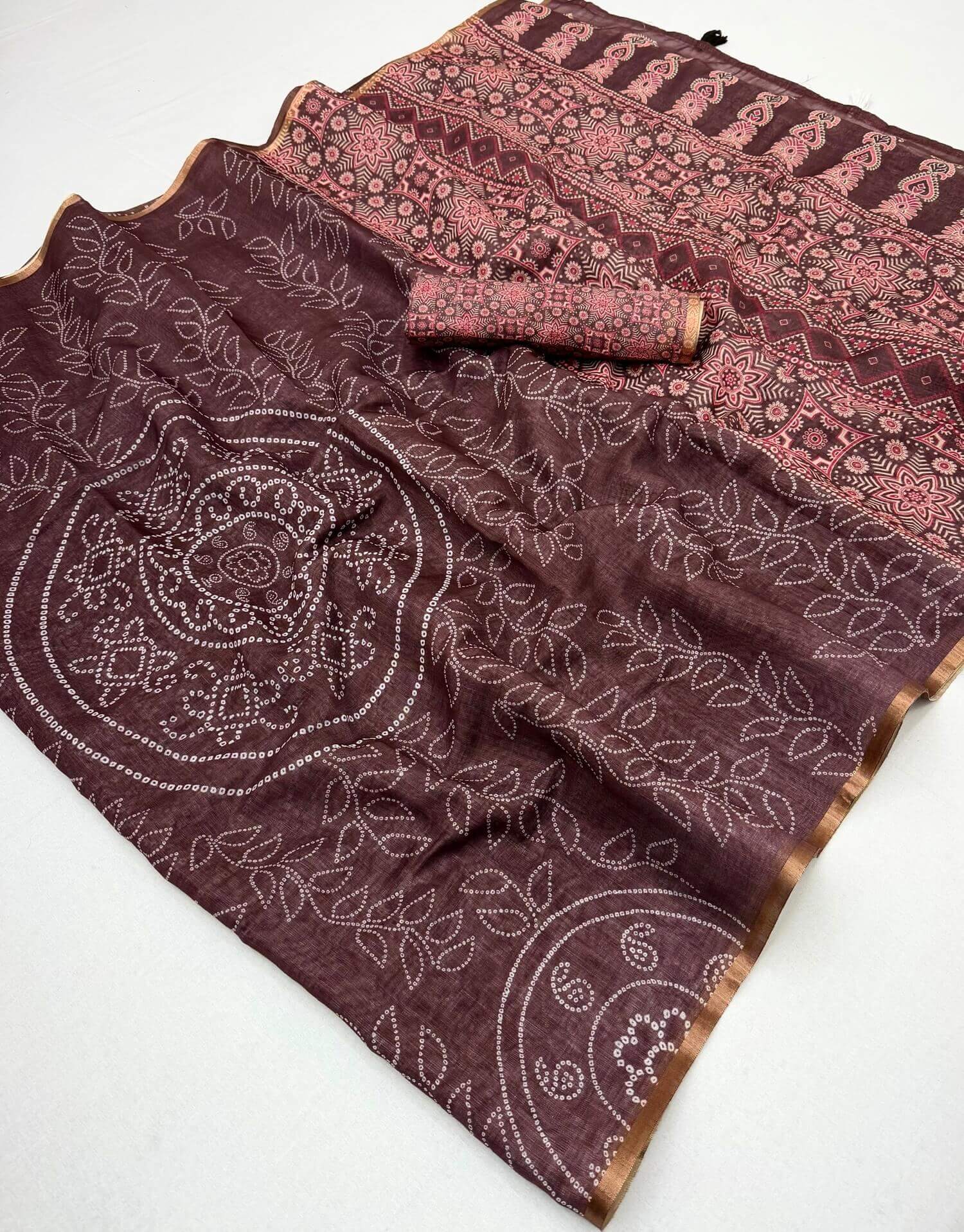 Glowing Brown Printed Cotton Silk Saree With Admirable Blouse Piece