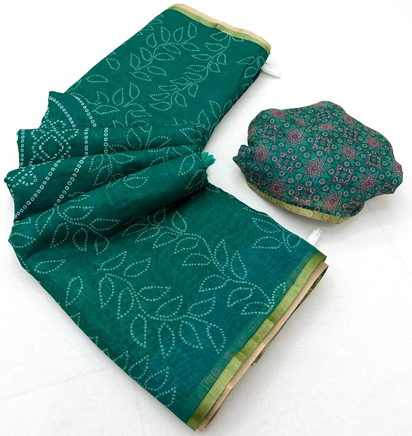 Redolent Rama Printed Cotton Silk Saree With Desultory Blouse Piece