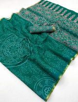 Redolent Rama Printed Cotton Silk Saree With Desultory Blouse Piece