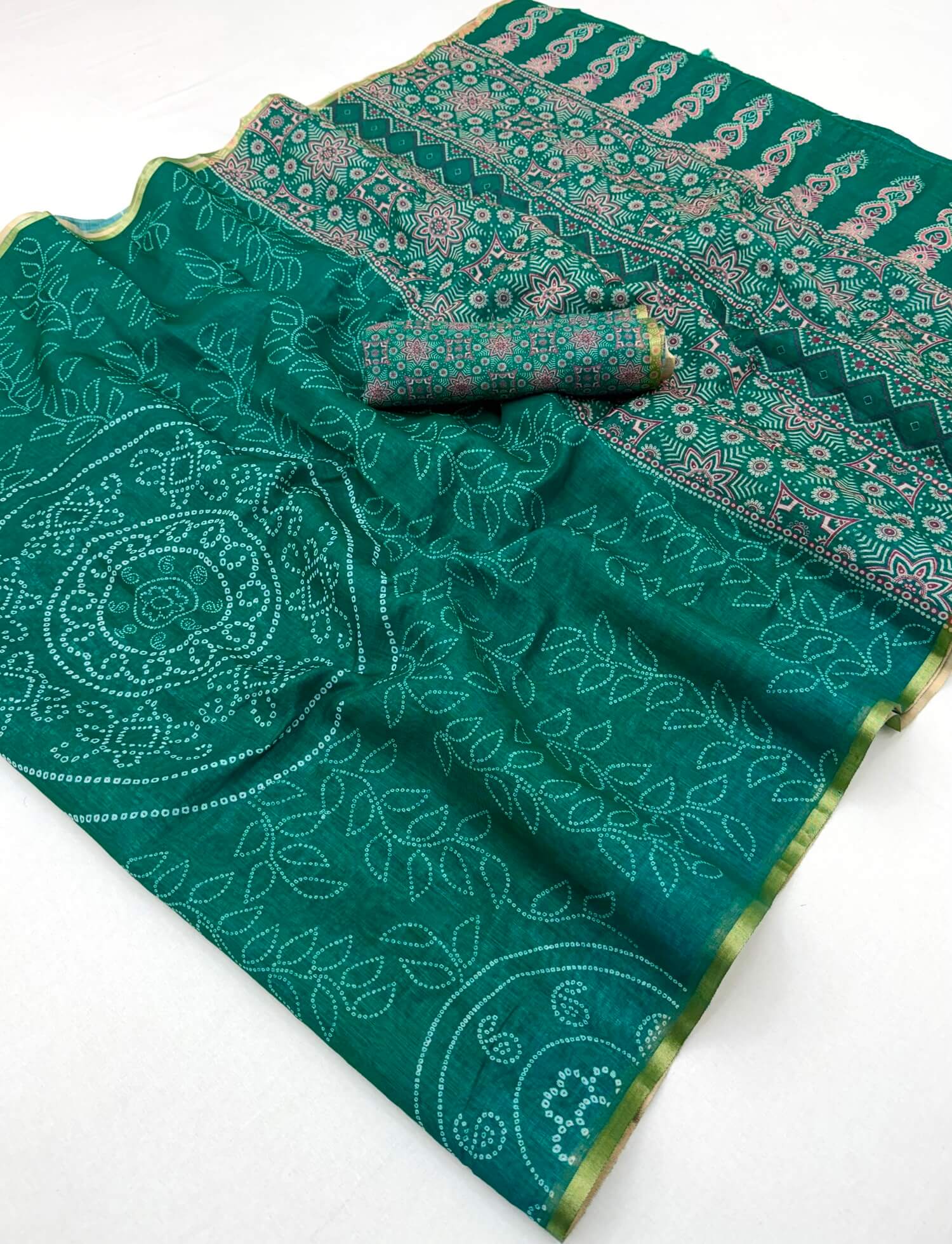 Redolent Rama Printed Cotton Silk Saree With Desultory Blouse Piece
