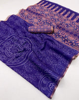 Winsome Royal Purple Printed Cotton Silk Saree With Symmetrical Blouse Piece
