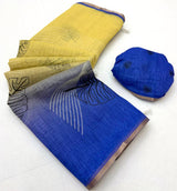 Jubilant Yellow and Blue Printed Cotton Silk Saree With Nebula Blouse Piece