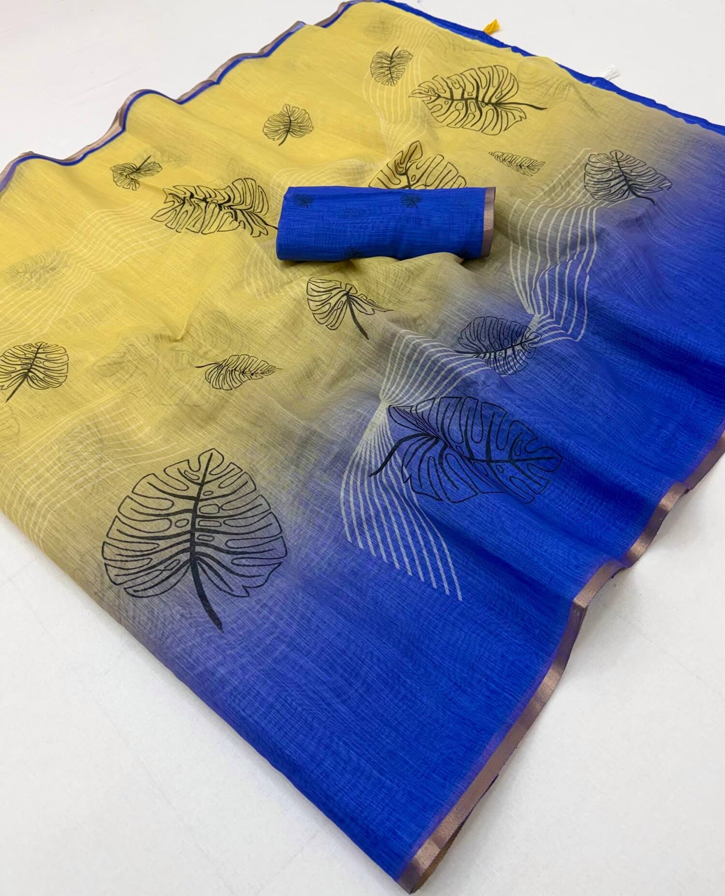 Jubilant Yellow and Blue Printed Cotton Silk Saree With Nebula Blouse Piece