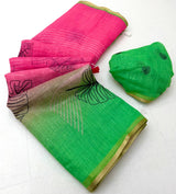 Fragrant Pink and Green Printed Cotton Silk Saree With Incredible Blouse Piece