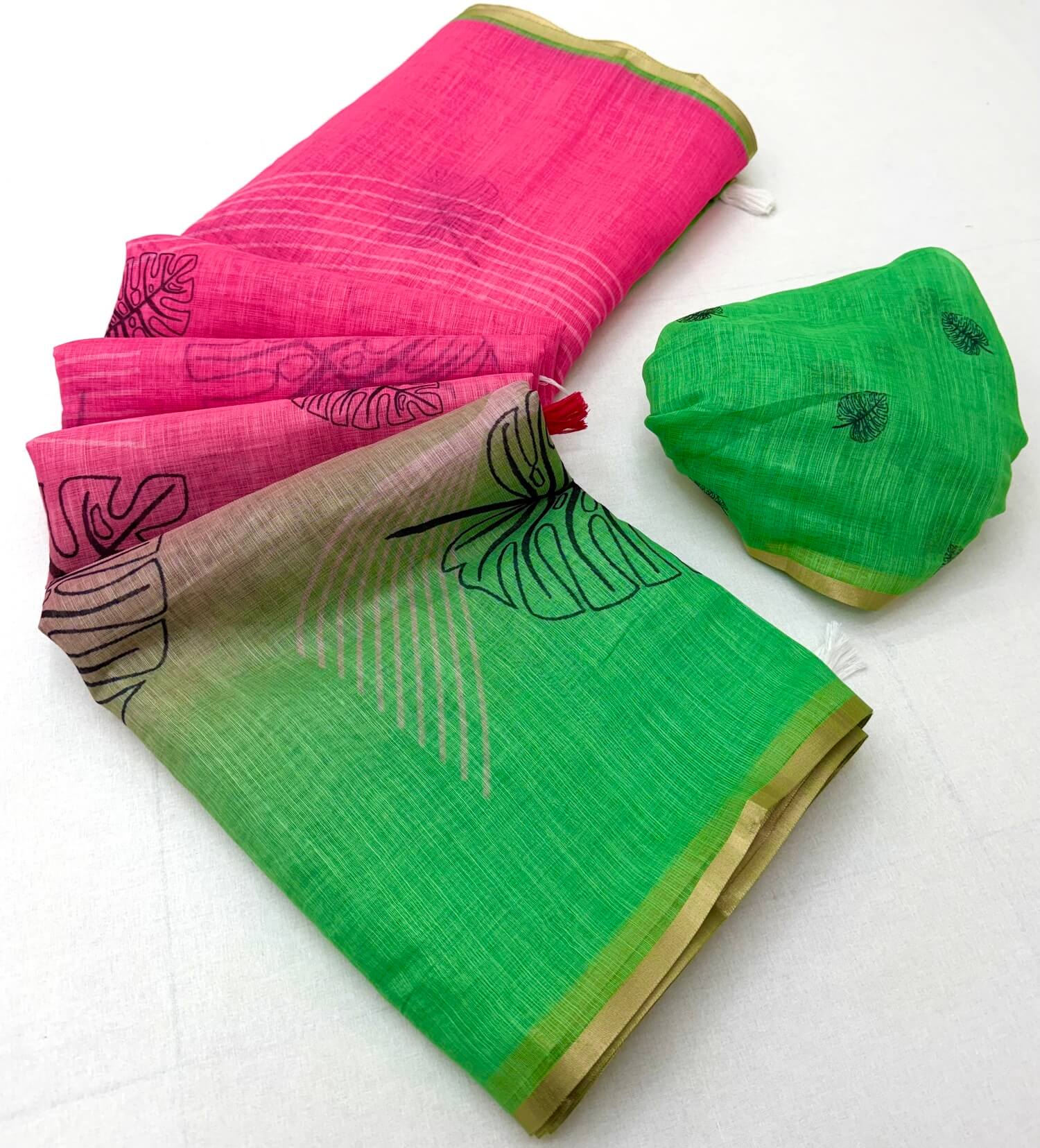 Fragrant Pink and Green Printed Cotton Silk Saree With Incredible Blouse Piece