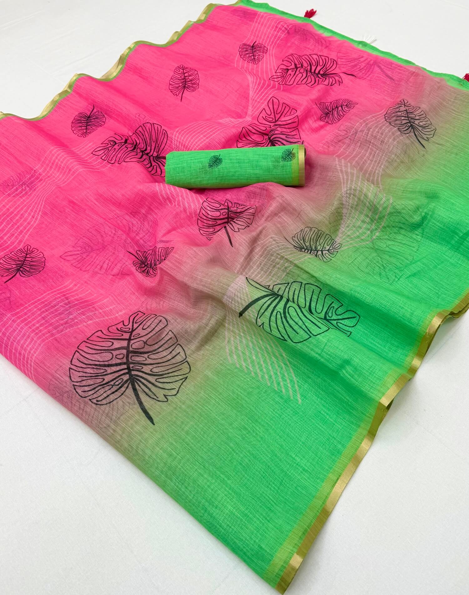 Fragrant Pink and Green Printed Cotton Silk Saree With Incredible Blouse Piece