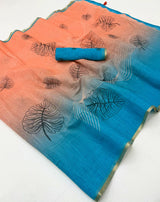 Phenomenal Peach and Blue Printed Cotton Silk Saree With Aplomb Blouse Piece