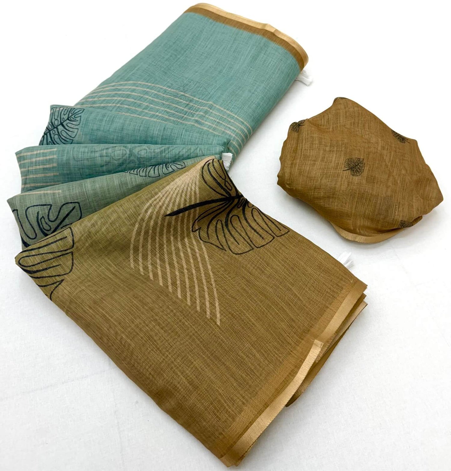 Gossamer Sky and Brown Printed Cotton Silk Saree With Splendorous Blouse Piece