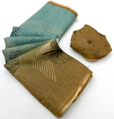 Gossamer Sky and Brown Printed Cotton Silk Saree With Splendorous Blouse Piece