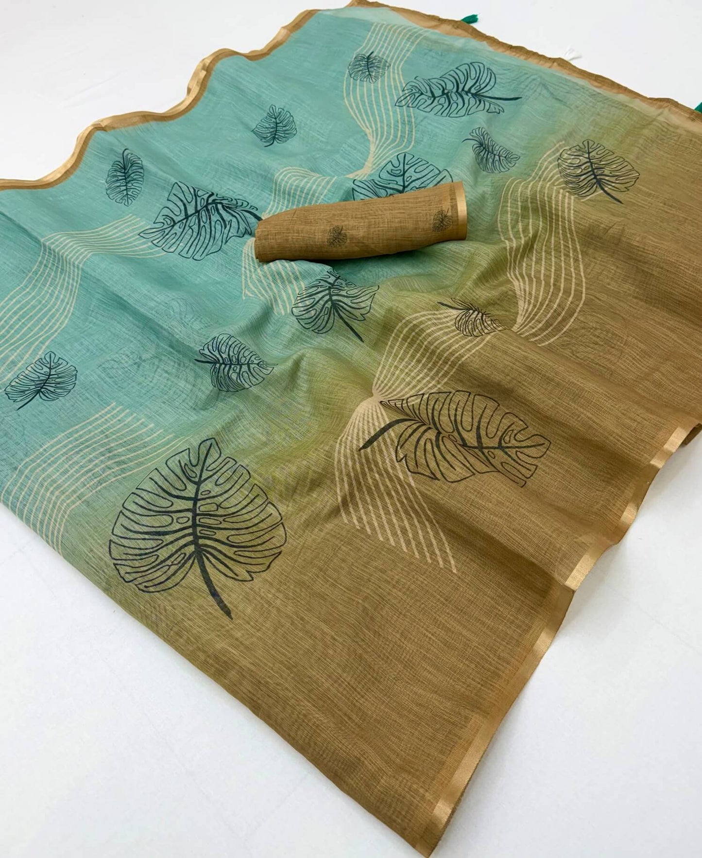 Gossamer Sky and Brown Printed Cotton Silk Saree With Splendorous Blouse Piece