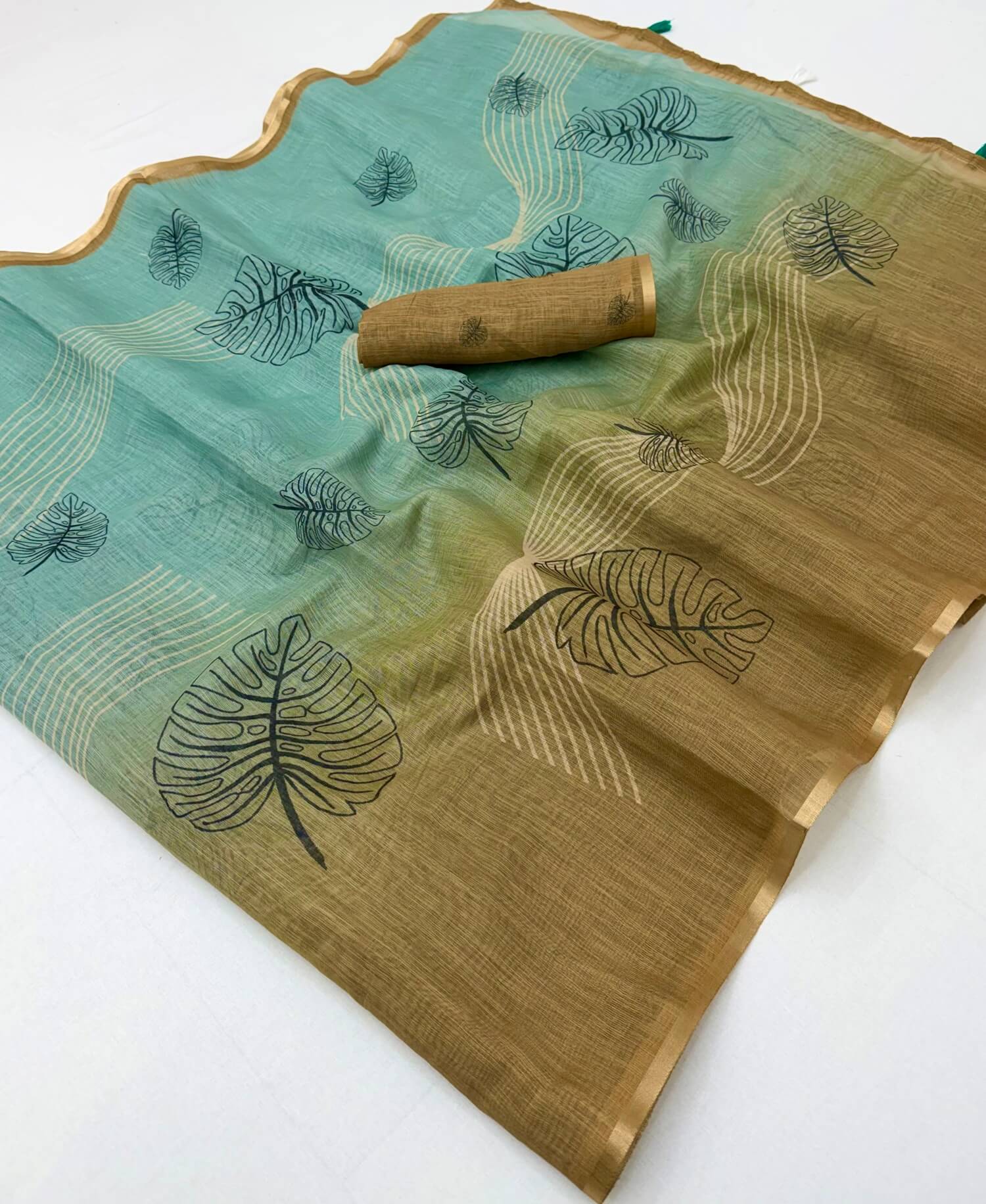 Gossamer Sky and Brown Printed Cotton Silk Saree With Splendorous Blouse Piece