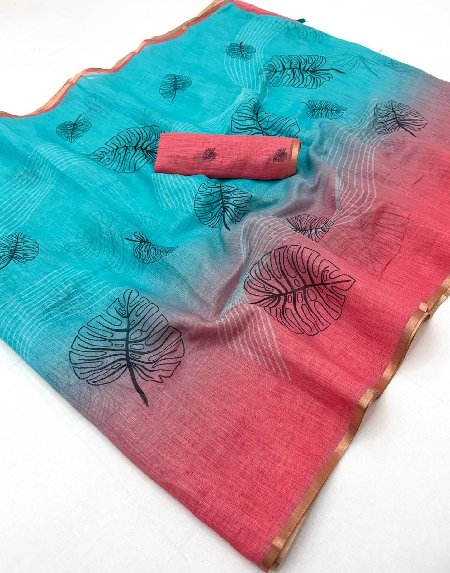 Outstanding Sky and Pink Printed Cotton Silk Saree With Gratifying Blouse Piece