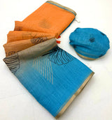 Devastating Orange and Blue Printed Cotton Silk Saree With Scintilla Blouse Piece