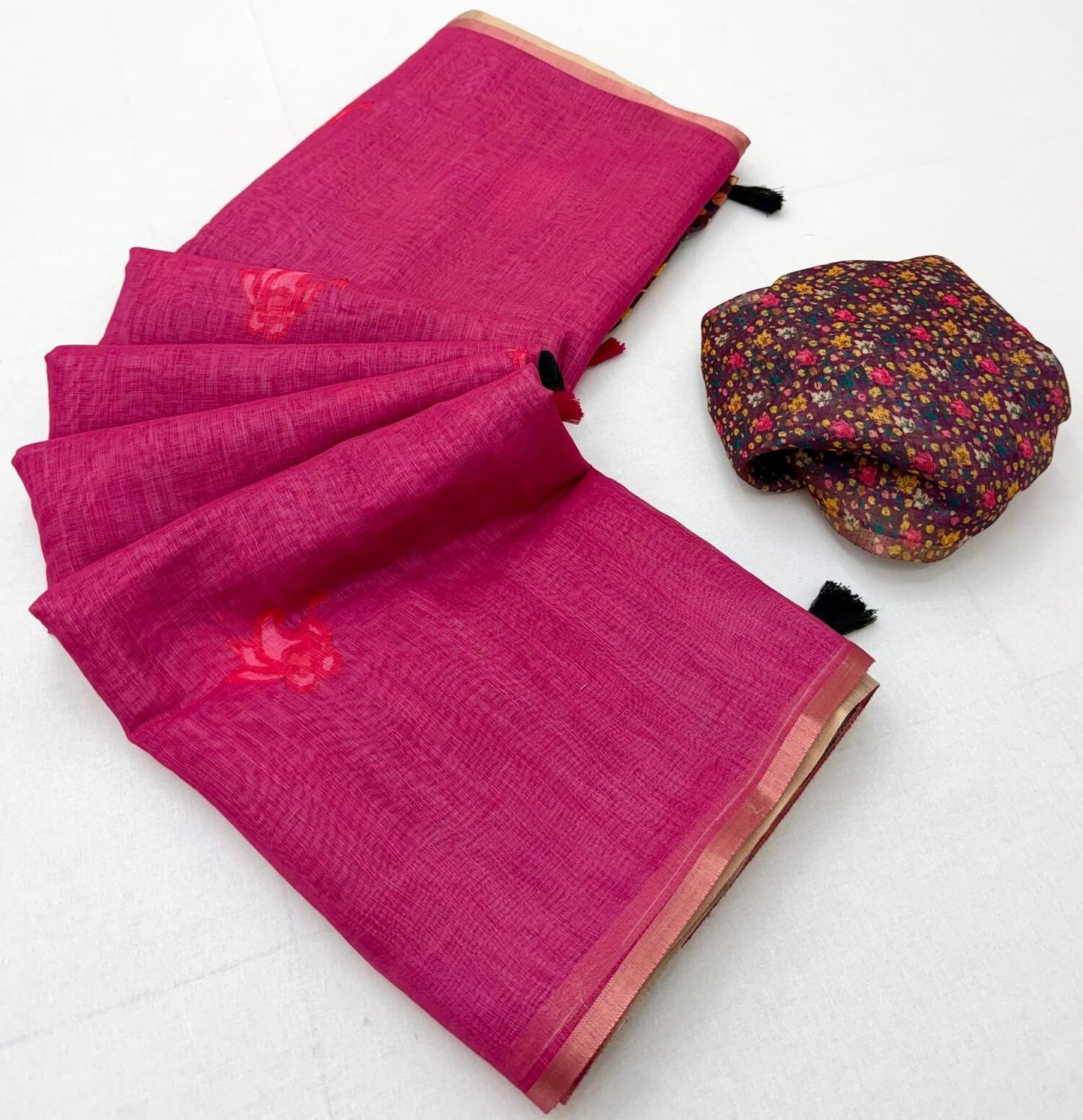 Smart Dark Pink Printed Cotton Silk Saree With Conflate Blouse Piece