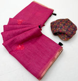 Smart Dark Pink Printed Cotton Silk Saree With Conflate Blouse Piece