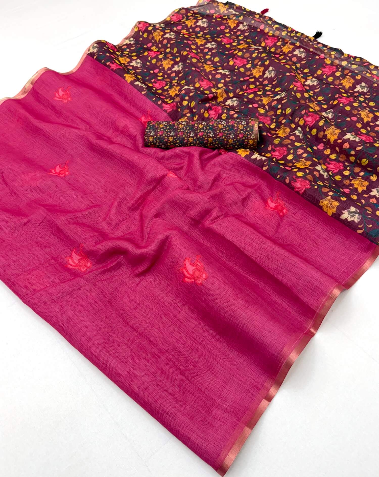 Smart Dark Pink Printed Cotton Silk Saree With Conflate Blouse Piece