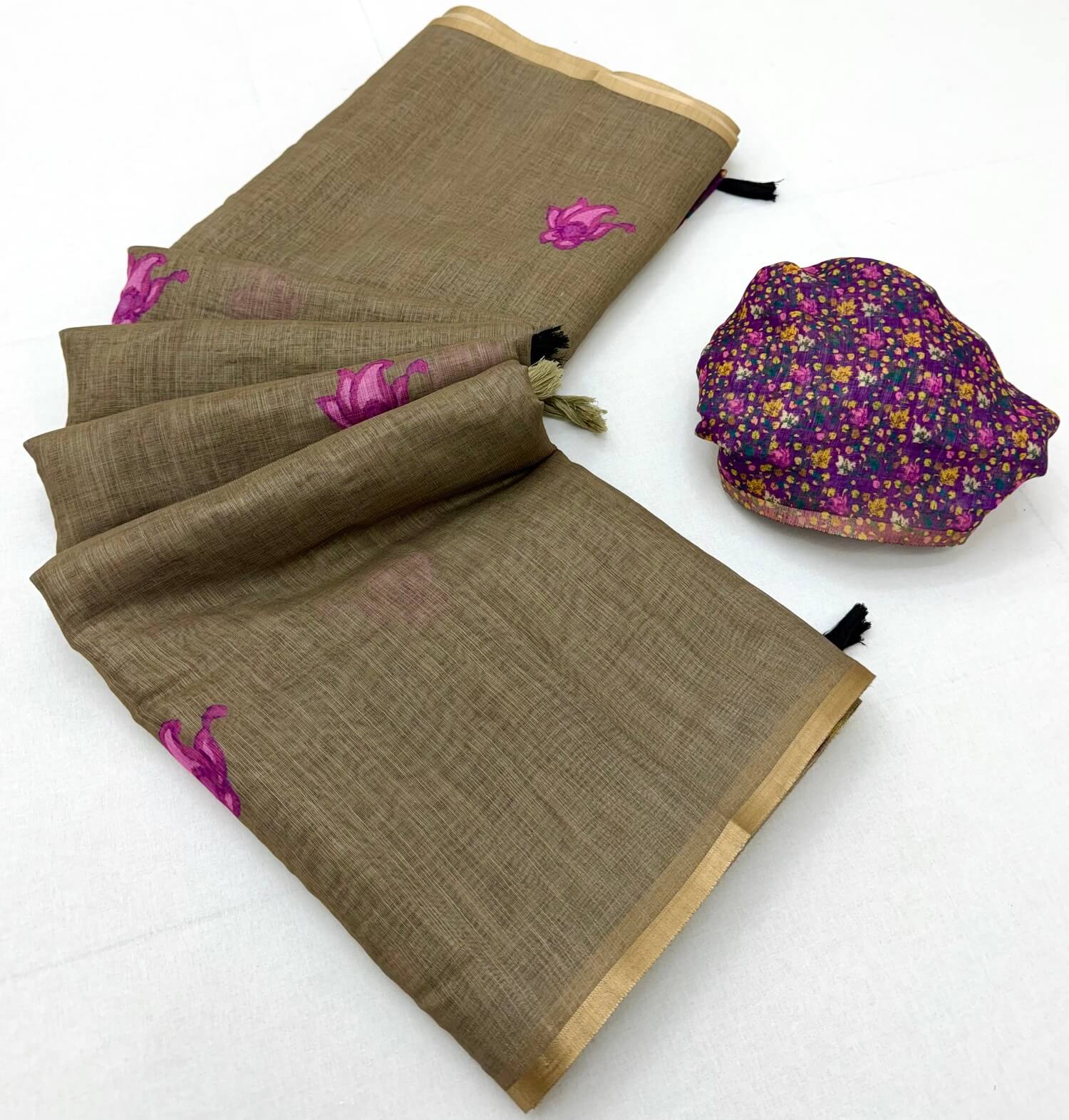 Dulcet Dark Beige Printed Cotton Silk Saree With Rhapsodic Blouse Piece