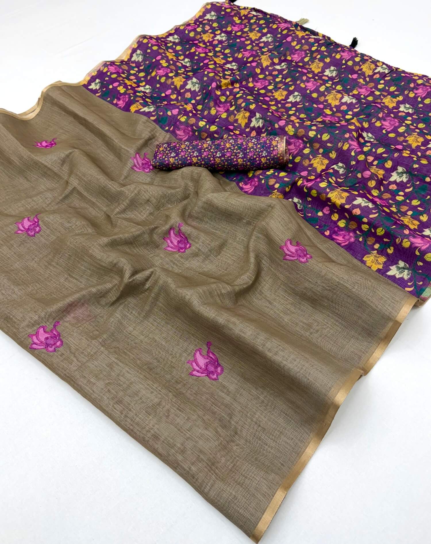 Dulcet Dark Beige Printed Cotton Silk Saree With Rhapsodic Blouse Piece