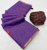 Desirable Purple Printed Cotton Silk Saree With Smashing Blouse Piece