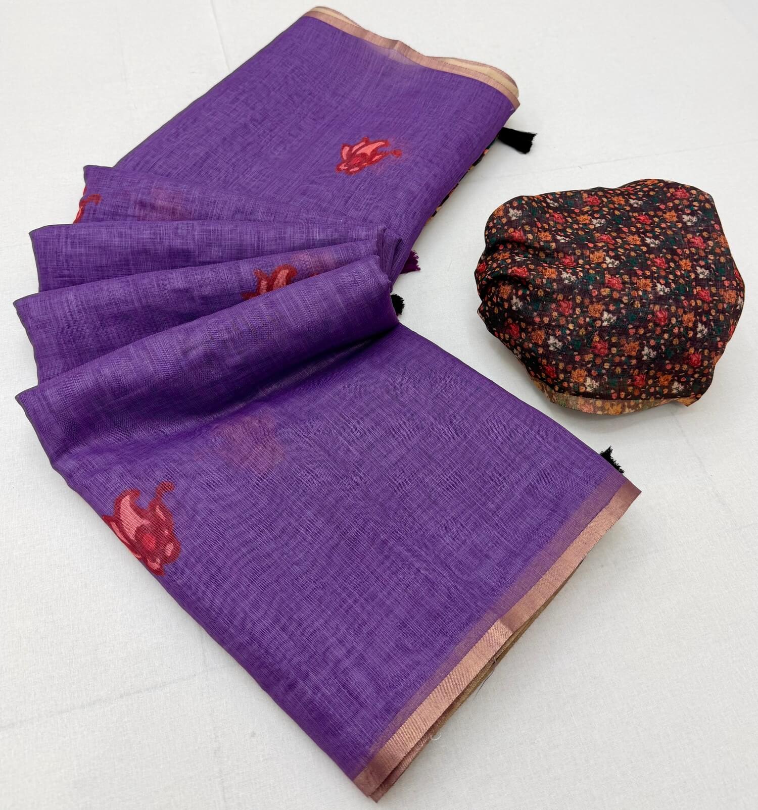 Desirable Purple Printed Cotton Silk Saree With Smashing Blouse Piece