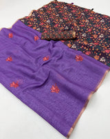 Desirable Purple Printed Cotton Silk Saree With Smashing Blouse Piece