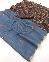 Beauteous Grey Printed Cotton Silk Saree With Luxuriant Blouse Piece
