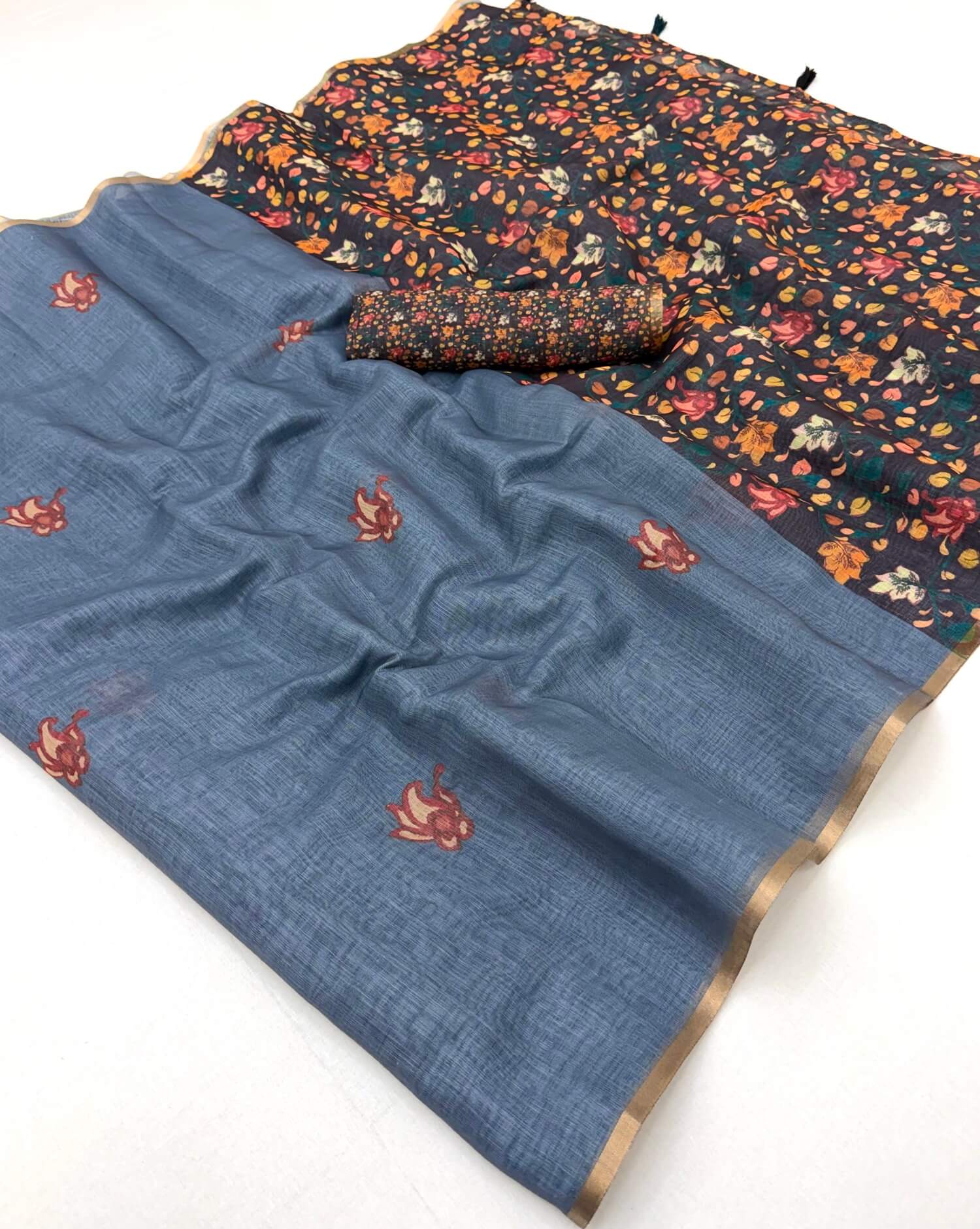 Beauteous Grey Printed Cotton Silk Saree With Luxuriant Blouse Piece