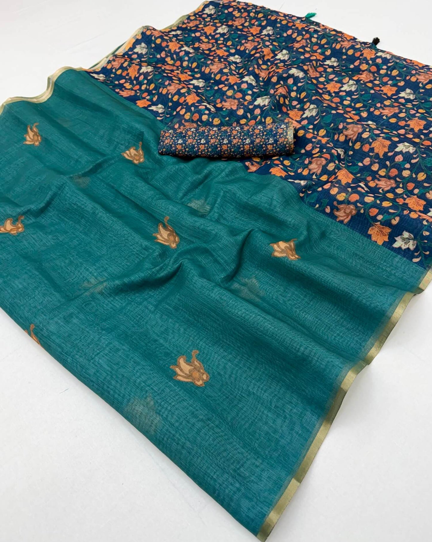 Opulent Rama Printed Cotton Silk Saree With Cynosure Blouse Piece