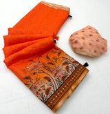 Vivacious Orange Printed Cotton Silk Saree With Nemesis Blouse Piece