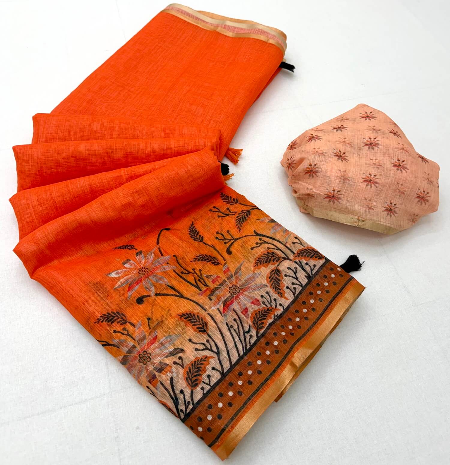 Vivacious Orange Printed Cotton Silk Saree With Nemesis Blouse Piece