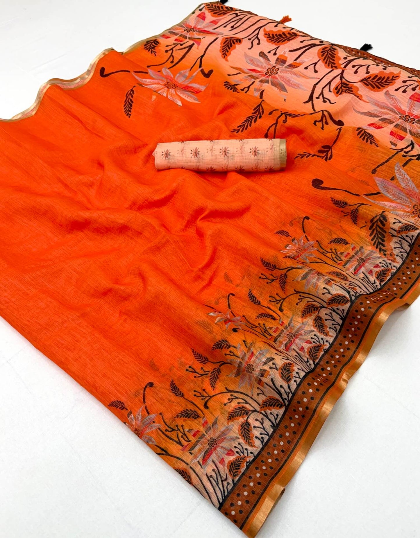 Vivacious Orange Printed Cotton Silk Saree With Nemesis Blouse Piece