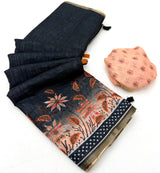 Ephemeral Black Printed Cotton Silk Saree With Inspiring Blouse Piece