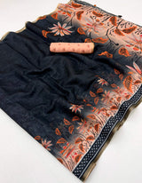 Ephemeral Black Printed Cotton Silk Saree With Inspiring Blouse Piece
