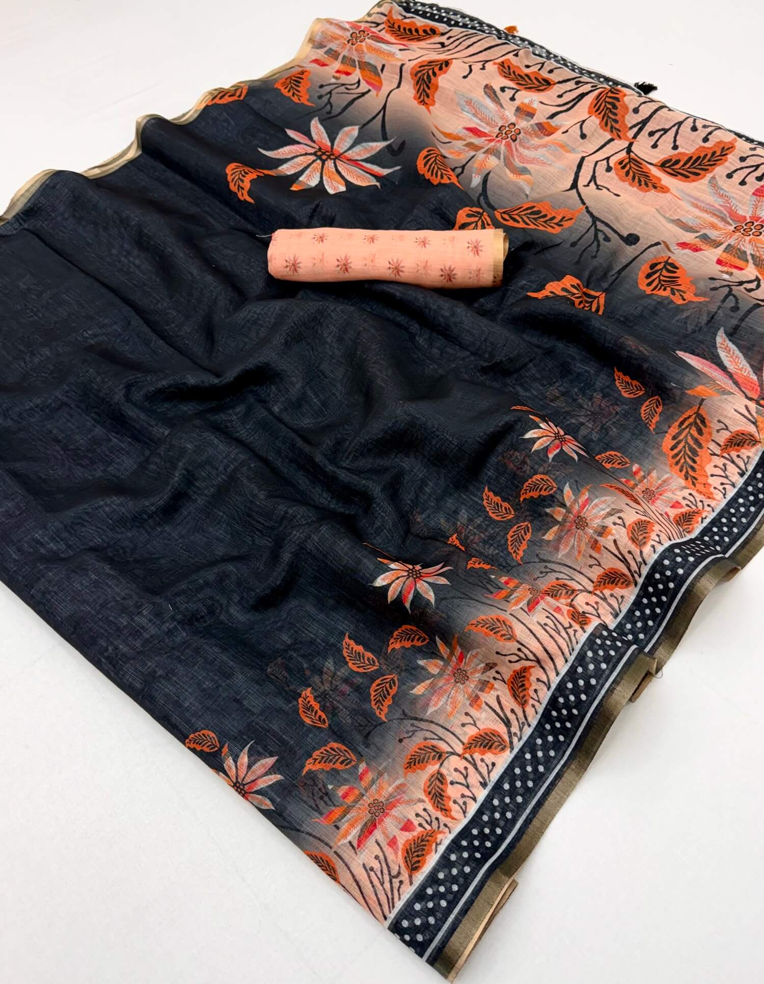 Ephemeral Black Printed Cotton Silk Saree With Inspiring Blouse Piece