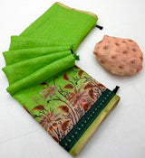 Exuberant Parrot Printed Cotton Silk Saree With Surreptitious Blouse Piece