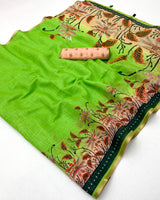 Exuberant Parrot Printed Cotton Silk Saree With Surreptitious Blouse Piece