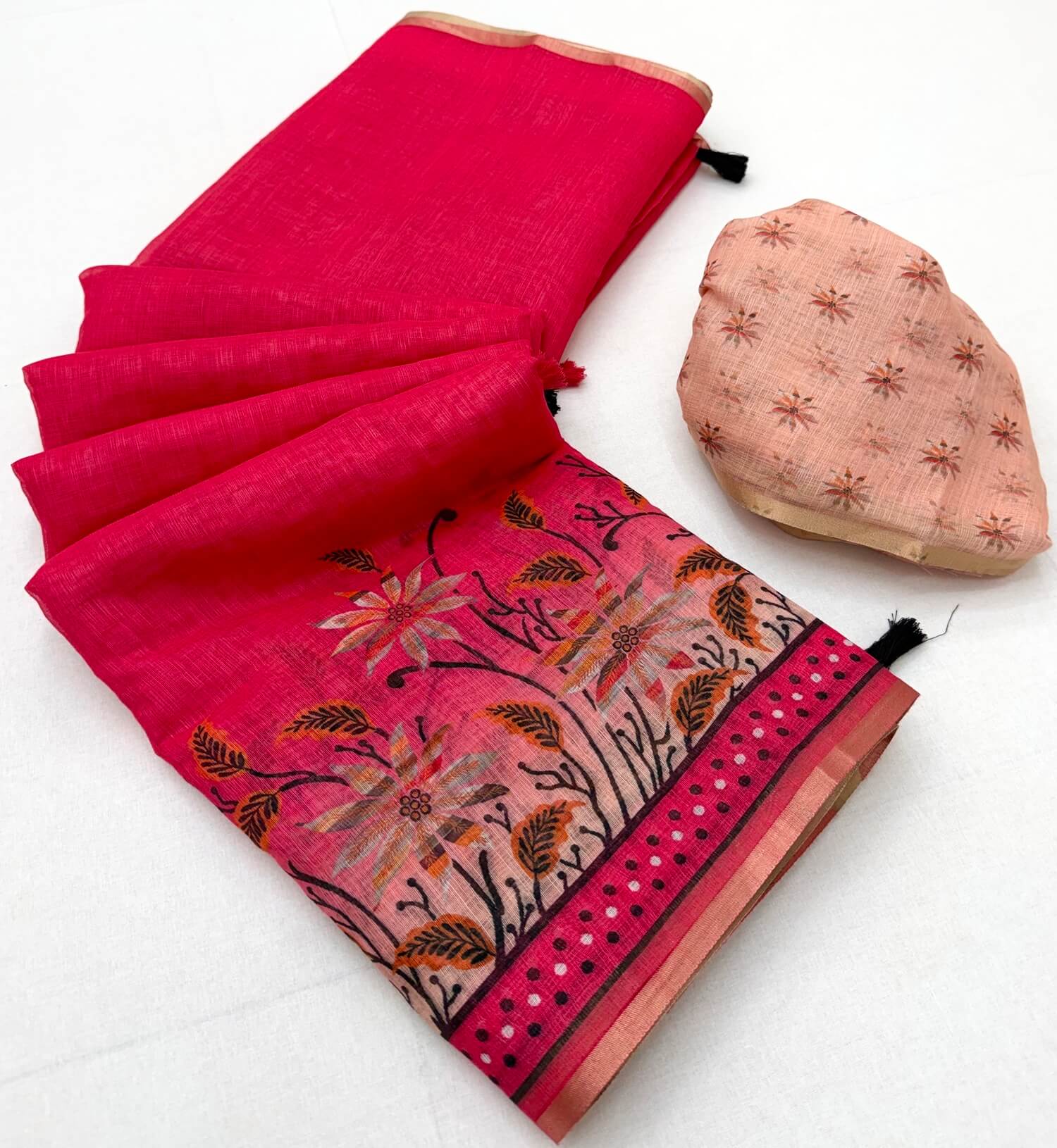 Sensational Dark Pink Printed Cotton Silk Saree With Snazzy Blouse Piece