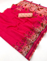 Sensational Dark Pink Printed Cotton Silk Saree With Snazzy Blouse Piece
