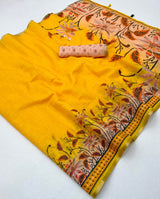 Scrumptious Yellow Printed Cotton Silk Saree With Sophisticated Blouse Piece