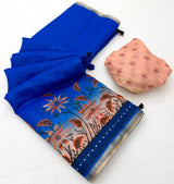 Sonorous Royal Blue Printed Cotton Silk Saree With Wonderful Blouse Piece