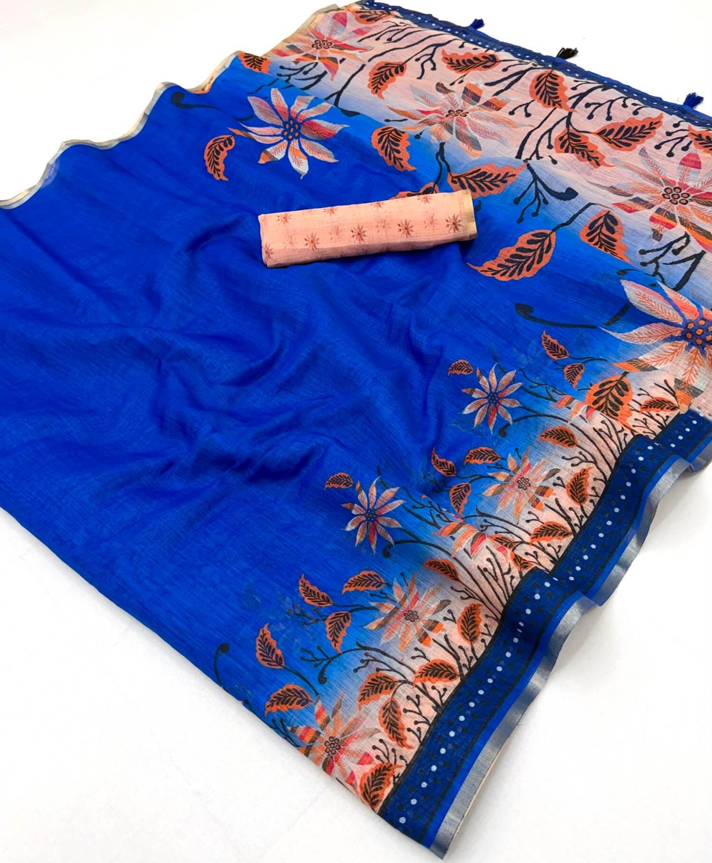Sonorous Royal Blue Printed Cotton Silk Saree With Wonderful Blouse Piece