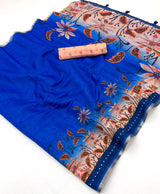 Sonorous Royal Blue Printed Cotton Silk Saree With Wonderful Blouse Piece