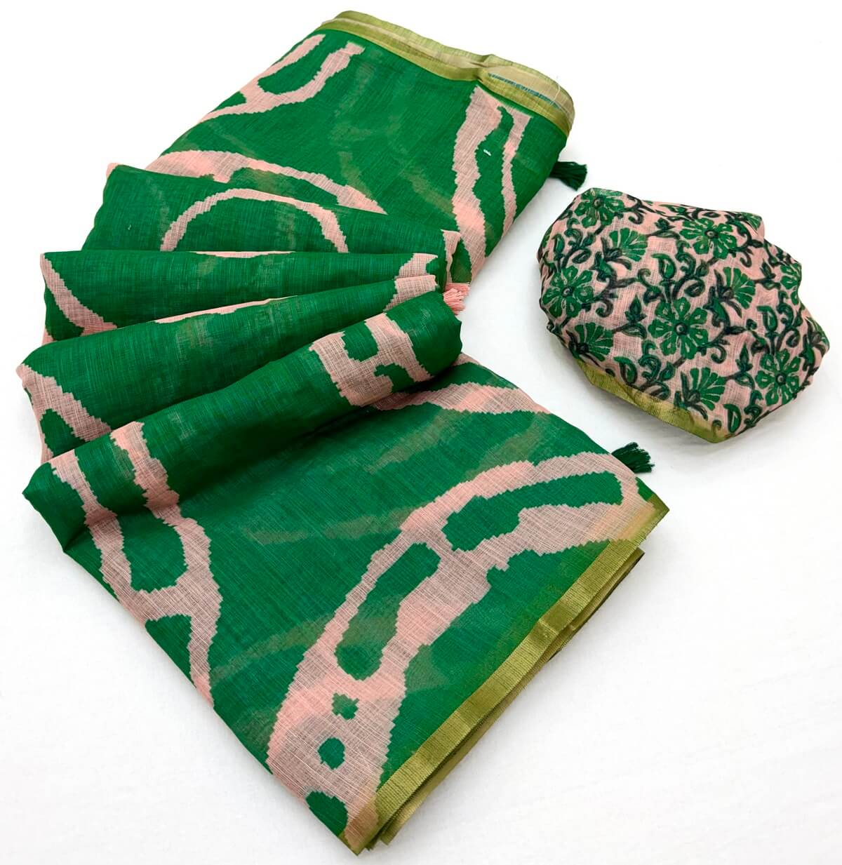 Cynosure Green Printed Cotton Silk Saree With Glittering Blouse Piece
